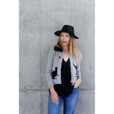 You are pert and pretty in a charming vintage-inspired cardigan. Smooth 100% cotton intarsia embellishes this soft knit, featuring two playful cats reaching for an embroidered butterfly. Accentuated by a detachable FAKE fur trim collar, appliqued elbow patches and delicate pearl buttons, this retro look inspires.  Heather grey with black pattern and collar.  100% cotton Detachable fur collar buttons on/off Appliquéd elbow patches Hand wash or machine wash gentle cycle Front button closure