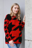 An on-trend Houndstooth pattern is featured in two different sizes on this cotton pullover tunic.  Details include long sleeves and a jewel neckline.    Off-White with black houndstooth  or  Dark Red with black houndstooth  100% softest cotton Rib trims Fine gauge jacquard Machine wash cold, lay flat to dry.  Ladies sweater