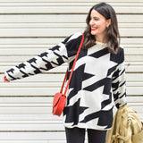 An on-trend Houndstooth pattern is featured in two different sizes on this cotton pullover tunic.  Details include long sleeves and a jewel neckline.    Off-White with black houndstooth  or  Dark Red with black houndstooth  100% softest cotton Rib trims Fine gauge jacquard Machine wash cold, lay flat to dry.  Ladies sweater