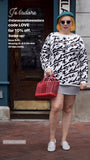 Plus size ladies sweater Say 'I love you' in French with our 'Je t'adore' pullover tunic sweater in softest fine gauge cotton.  Feminine and flattering ballet neckline with tubular rib trims and a generous fit.  Choose  Off-White ground with black pattern or  Black ground with off-white pattern.  100% softest cotton Rib trims Fine gauge jacquard Machine wash cold, lay flat to dry.  Je t'adore ladies sweater