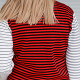 Horizontal and vertical stripes meet color block in grey heather tones, black, off-white, and deep red.  Crew neck pullover is in the softest 100% cotton yarn. Lightweight and mid hip length (Medium is 25" long).  Long sleeves.  Front pocket.  Pattern is allover front, back and sleeves. Sleeves have Elana's signature knitted-in elbow patches.  Machine wash cold, lay flat to dry.  Off kilter stripe sweater. ladies fashion sweater horizontal and vertical stripes. plus size
