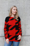An on-trend Houndstooth pattern is featured in two different sizes on this cotton pullover tunic.  Details include long sleeves and a jewel neckline.    Off-White with black houndstooth  or  Dark Red with black houndstooth  100% softest cotton Rib trims Fine gauge jacquard Machine wash cold, lay flat to dry.  Ladies sweater